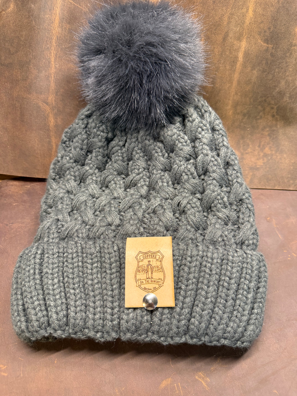 THE NIGHT WATCH: Pompom Beanie w/ Reversible Leather Patch